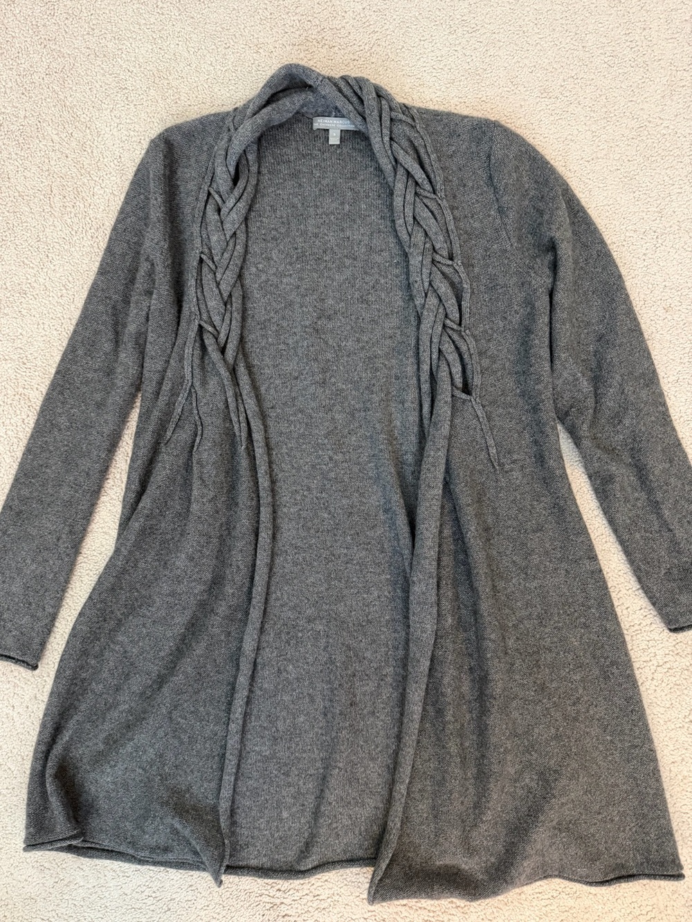Neiman Marcus Cashmere Grey Braided-Trim Open Cardigan